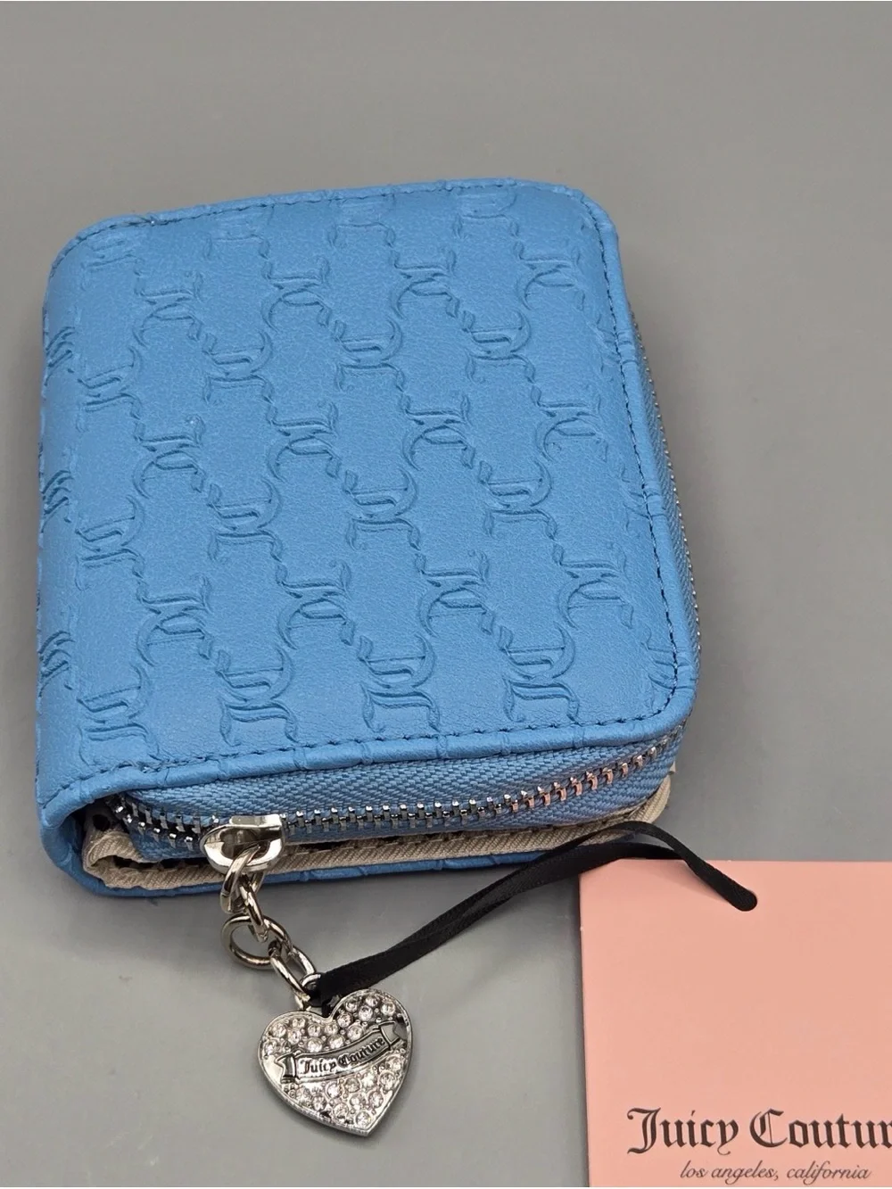 Juicy Couture Blue Embossed Zip Wallet with Rhinestone Logo